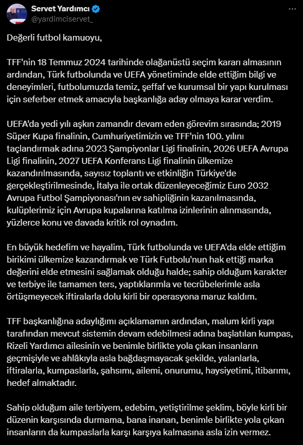 demarkesports's tweet photo. Servet Yardımcı, TFF başkan adaylığından çekildiğini açıkladı: "TFF başkanlığına adaylığımı açıklamamın ardından, malum kirli yapı tarafından mevcut sistemin devam edebilmesi adına başlatılan kumpas, Rizeli Yardımcı ailesinin ve benimle birlikte yola çıkan insanların geçmişiyle ve ahlâkıyla asla bağdaşmayacak şekilde, yalanlarla, iftiralarla, kumpaslarla, şahsımı, ailemi, onurumu, haysiyetimi, itibarımı, hedef almaktadır."