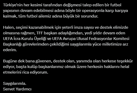 demarkesports's tweet photo. Servet Yardımcı, TFF başkan adaylığından çekildiğini açıkladı: "TFF başkanlığına adaylığımı açıklamamın ardından, malum kirli yapı tarafından mevcut sistemin devam edebilmesi adına başlatılan kumpas, Rizeli Yardımcı ailesinin ve benimle birlikte yola çıkan insanların geçmişiyle ve ahlâkıyla asla bağdaşmayacak şekilde, yalanlarla, iftiralarla, kumpaslarla, şahsımı, ailemi, onurumu, haysiyetimi, itibarımı, hedef almaktadır."