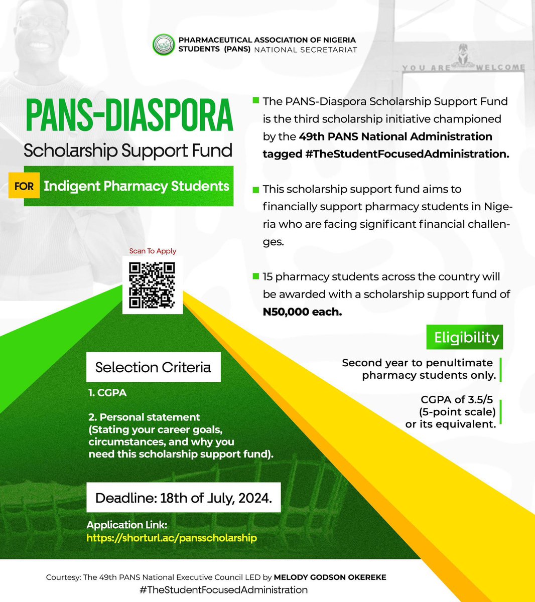 pansnationalsec's tweet photo. Dear pharmacy students,

We are glad to announce the PANS-DIASPORA Scholarship Support Fund for Indigent Pharmacy Students in Nigeria.

15 pharmacy students across the country facing financial difficulties will be supported with N50,000 each. https://t.co/KsutNBwfWb