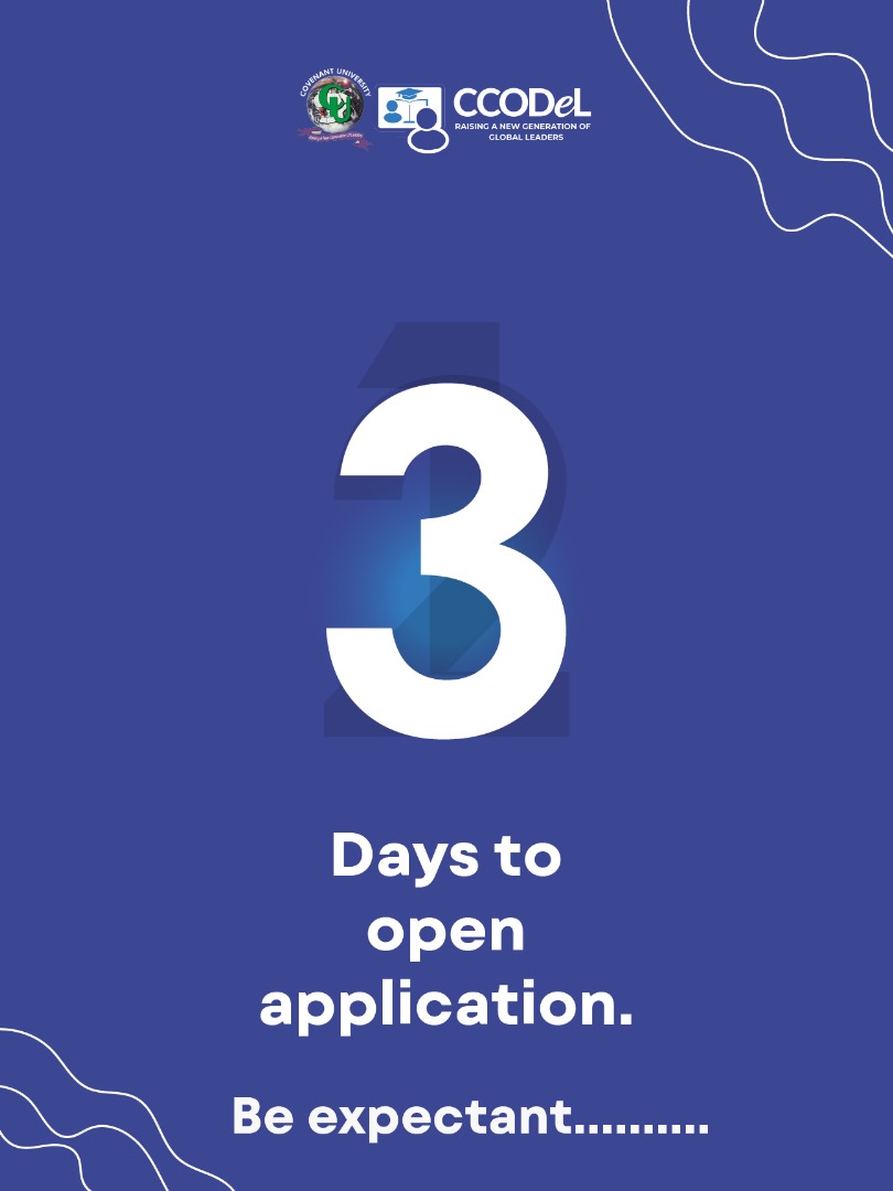 Only 3 days left! Our application portal launches soon! Don't miss your chance to unlock new opportunities. Stay tuned for updates!
 
CCODeL - Raising a New Generation of Global Leaders.

#distancelearning
#launchcountdown 
#applicationportal
#launchalert
#careergoal