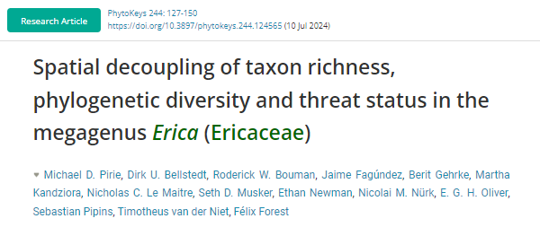 PhytoKeys's tweet image. Researchers present an expanded phylogenetic hypothesis for Erica, combining it with available threat and distribution data to identify species and geographic area targets for #conservation efforts. 

🔗 doi.org/10.3897/phytok… 

#Ericaceae
