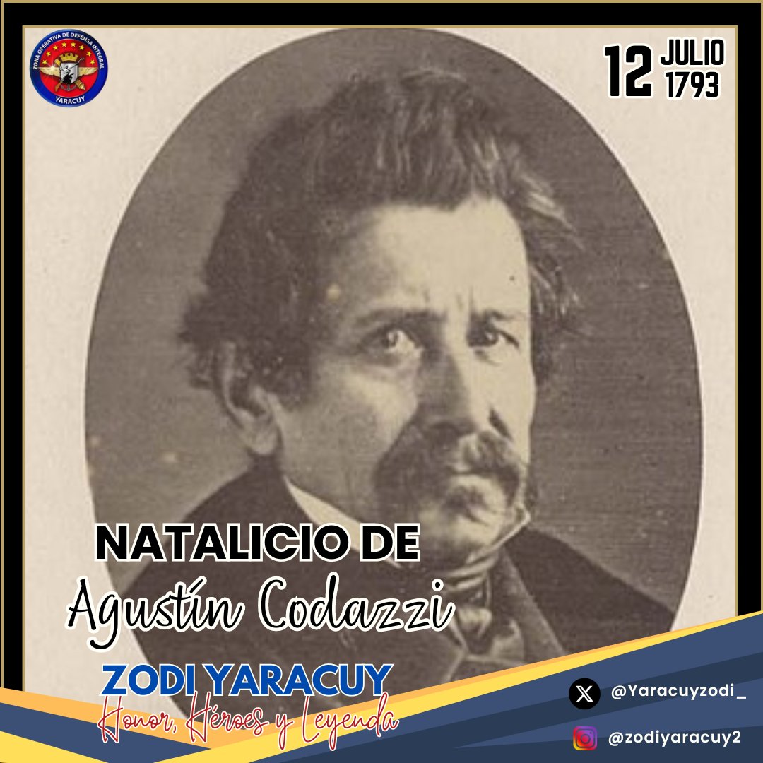 Hoy #12Jul se cumplen 231 años del natalicio de Agustín Codazzi, explorador, ingeniero y militar italiano. Participó en las guerras napoleónicas y en las guerras independentistas en América. Es conocido por su trabajo cartográfico en Venezuela.

#ZODIYaracuy