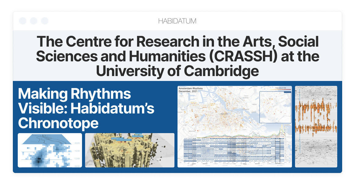 habidatum's tweet photo. Last week, Katya Letunovsky, co-founder of Habidatum, presented Habidatum's work at the Rhythm as Knowledge Symposium organized by the Centre for Research in the Arts, Social Sciences, and Humanities at Cambridge University (CRASSH). Learn more: https://t.co/EUddDeWJEE https://t.co/Jps7eVTmKb