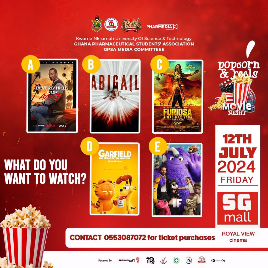gpsa_knust's tweet photo. Tap the link 🔗 below to select your preferred movie for the Popcorn and reels 🎦
#PopcornAndReels
#GPSAat63
https://t.co/dET0kXa42b https://t.co/2nznn62HHQ
