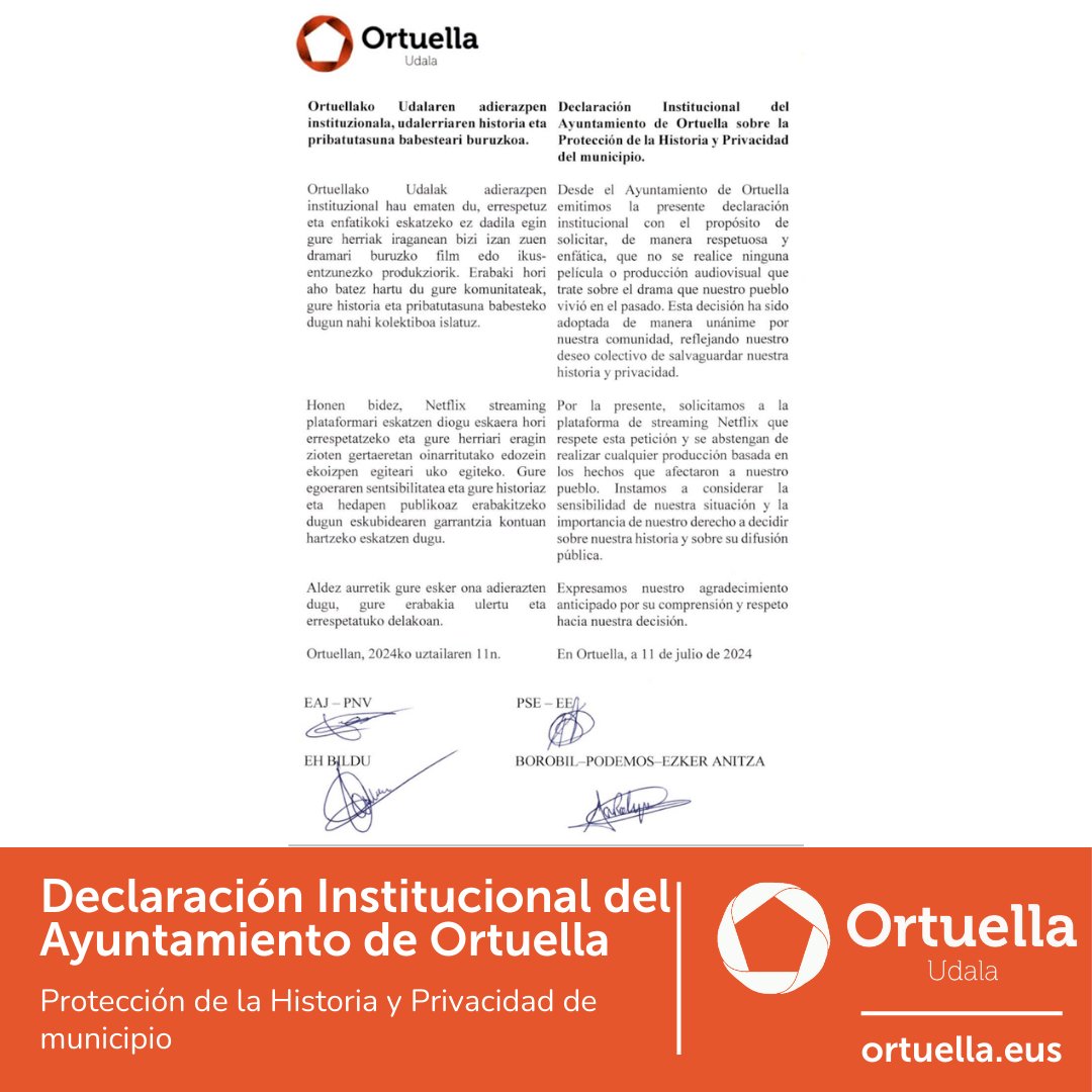 OrtuellaUdala's tweet photo. 🗣️ Declaración Institucional del Ayuntamiento de Ortuella sobre la Protección de la Historia y Privacidad de municipio 
👉 https://t.co/dNvZFpGl1j 

#OrtuellakoUdala #AyuntamientoDeOrtuella #Ortuella https://t.co/xQIOxa8fjL