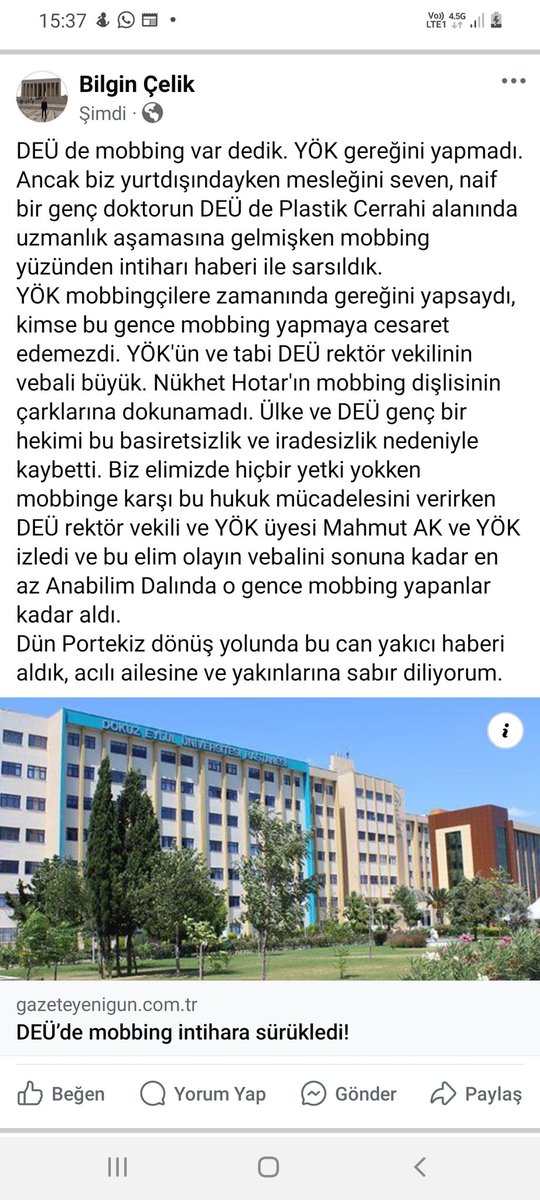 #YÖK yargının #DEÜ'deki #mobbing kararı sonrası başta eski rektör #NükhetHotar olmak üzere mobbing müdahillerine gereğini yapmadığı için mobbingçiler cesaretlendi. YÖK 2022 Temmuz'undan beri #DEÜ'de
#mobbingi  durdurabilir ve genç hekimin kaybı önlenebilirdi.
#DrUğurcanağcaoğlu