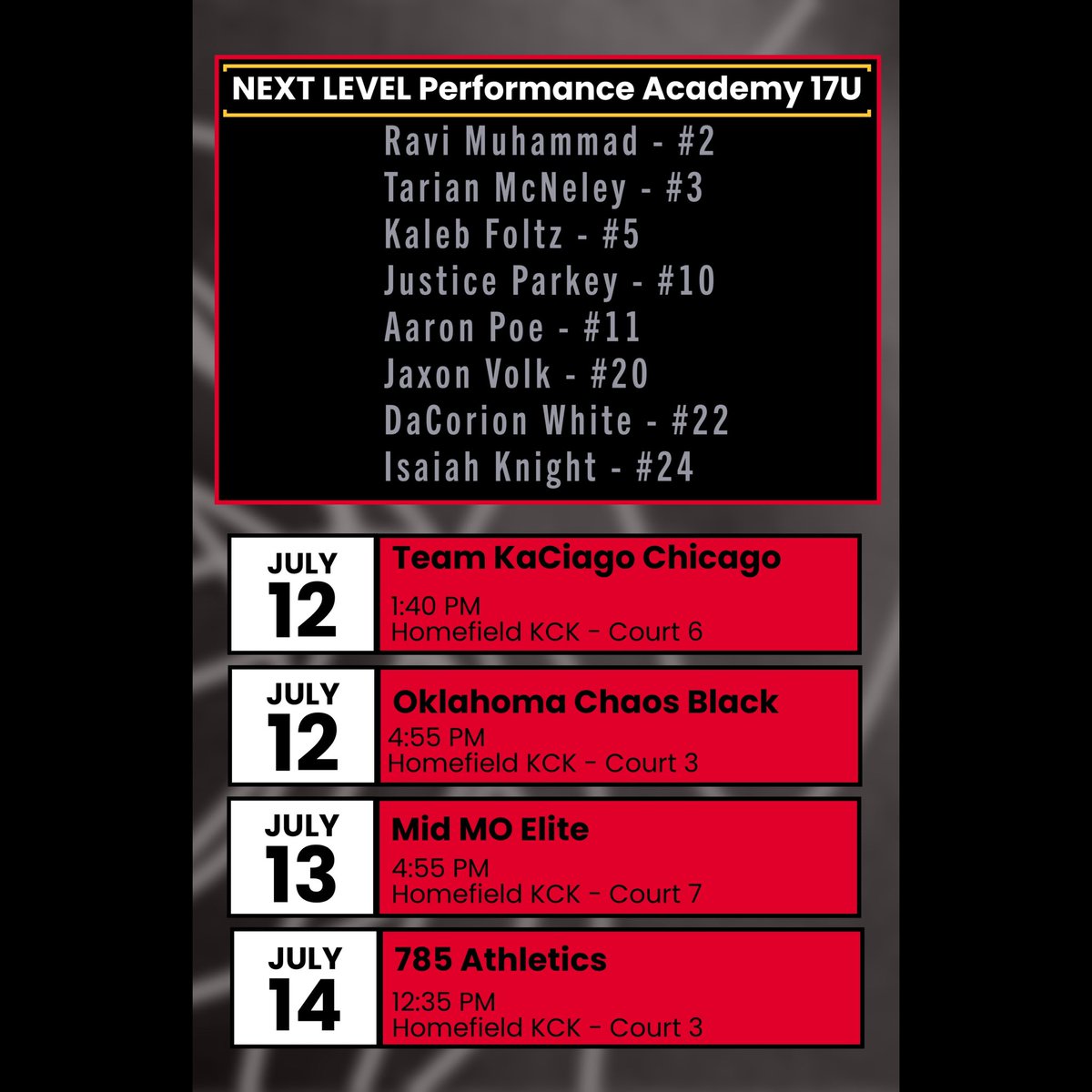 NXTLVL_PA's tweet photo. 📍 Kansas City Summer LIVE
⭐️ 17U - 16U - 15U Rosters & Schedule
🗓️ July 12 - 14
🏀 @RL_Hoops @RL_HoopsIA @RecruitLook
Coaches, reach out with any questions! Excited for the opportunity and challenge for our program!
#NLPA #FAMILY #BGR8 https://t.co/RWEXThpPmV