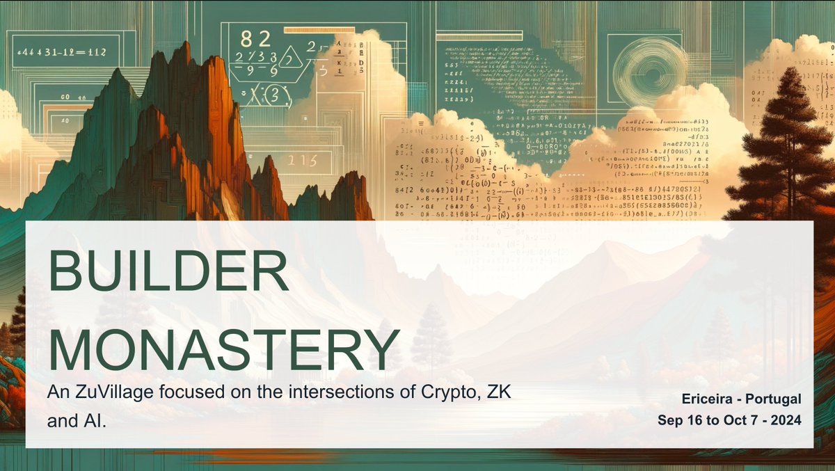 Builder Monastery is a ZuVillage for focused work in frontier tech. 

*BM Ericeira* focuses on the intersection of crypto, zk, and AI. 

It will take place in Portugal from Sept 16 until Oct 7th, right before zkSummit!

1/2