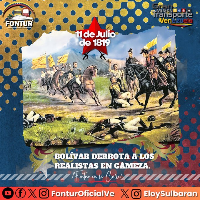 🗓️#11Jul || Se libra la Batalla de Gámeza, una decisiva acción militar en donde Simón Bolívar derrota a los realistas y logra un importante avance en la Campaña Libertadora de Nueva Granada. 
#KeLacreoLaPoesía 
<a href="/NicolasMaduro/">Nicolás Maduro</a>
<a href="/ELOYSULBARAN/">Eloy Chiquitín</a>