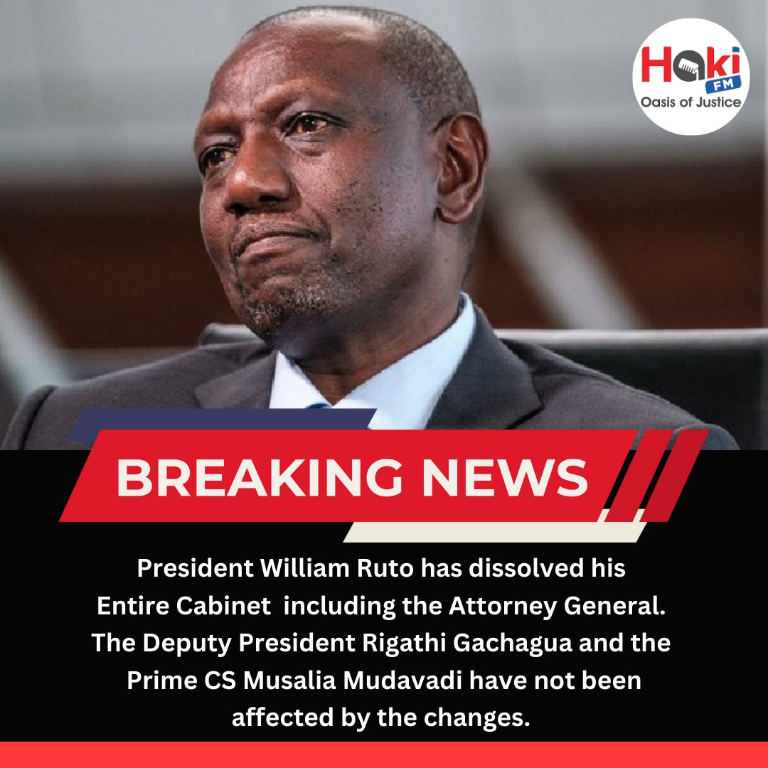 BREAKING NEWS
President William Ruto has dissolved his Entire Cabinet  Except Deputy President Rigathi Gachagua and Prime CS Musalia Mudavadi. 
#Breakingnews
#kithurekindiki
#justinmuturi
#moseskuria
