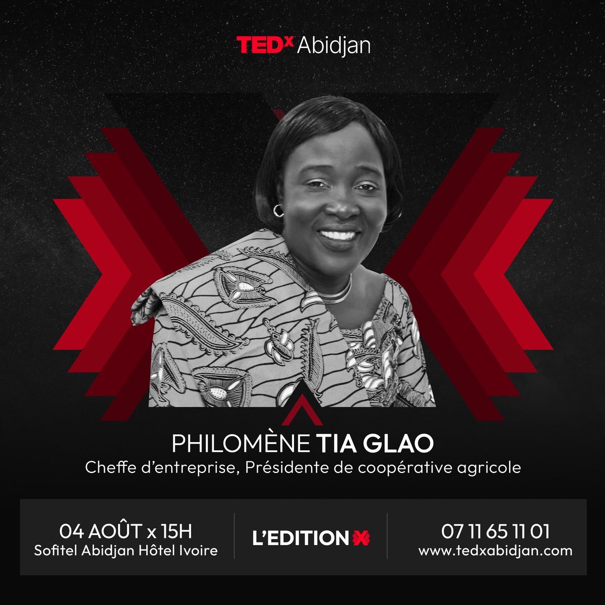 #Speaker3 : Philomène TIA GLAO
Cheffe d'entreprise, Présidente de coopérative agricole.
Vous pouvez dès à présent acheter vos billets en cliquant sur : bit.ly/LEditionX

#TEDxAbidjan #LEditionX #10ansdepartage