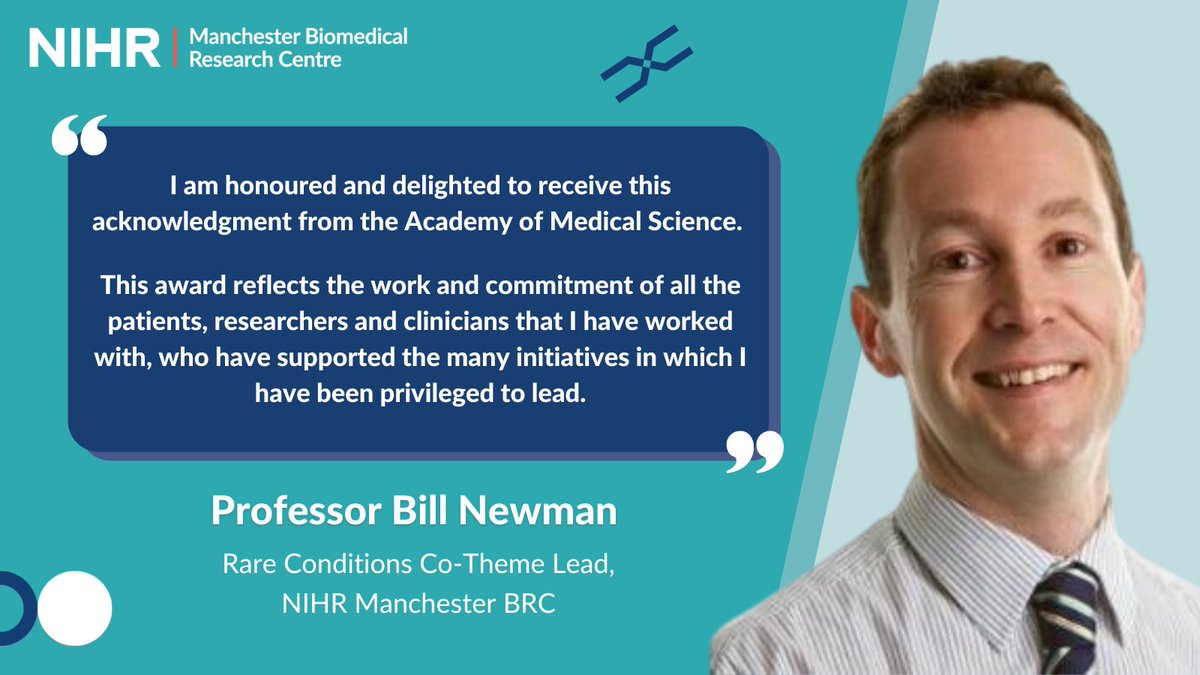 NIHR Manchester Biomedical Research Centre (@manchesterbrc) on Twitter photo 👏 Congratulations to Prof Bill Newman, Manchester BRC Rare Conditions Co-Theme Lead, on being elected to the prestigious <a href="/acmedsci/">Academy of Medical Sciences</a> Fellowship.
This is in recognition of his outstanding contributions to research in pharmacogenetics and rare conditions 👇
manchesterbrc.nihr.ac.uk/news-and-event… 👏 Congratulations to Prof Bill Newman, Manchester BRC Rare Conditions Co-Theme Lead, on being elected to the prestigious <a href="/acmedsci/">Academy of Medical Sciences</a> Fellowship.
This is in recognition of his outstanding contributions to research in pharmacogenetics and rare conditions 👇
manchesterbrc.nihr.ac.uk/news-and-event…