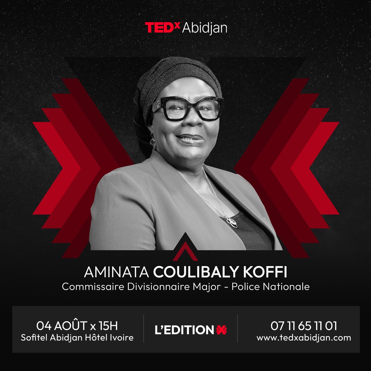 #Speaker6 : Aminata COULIBALY KOFFI
Commissaire Divisionnaire Major, Directrice Générale du Fonds de Prévoyance de la Police Nationale (FPPN).

Vous pouvez dès à présent acheter vos billets en cliquant sur : bit.ly/LEditionX

#TEDxAbidjan #LEditionX #10ansdepartage