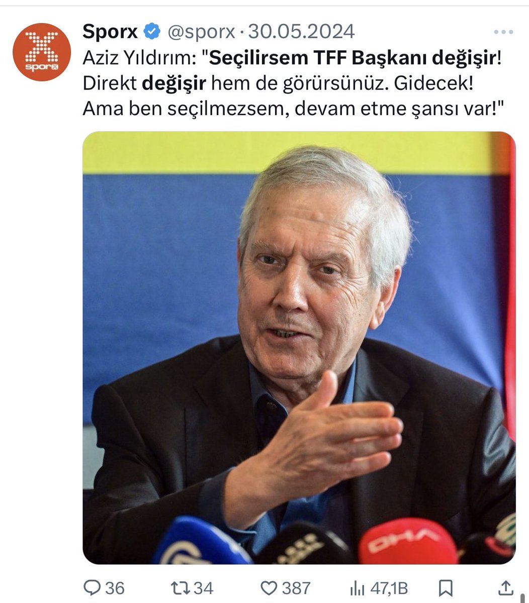 Seçilirsem TFF başkanı değişir seçilmezsem devam ettirirler demişti, Yine haklı çıktı Aziz Yıldırım baba…