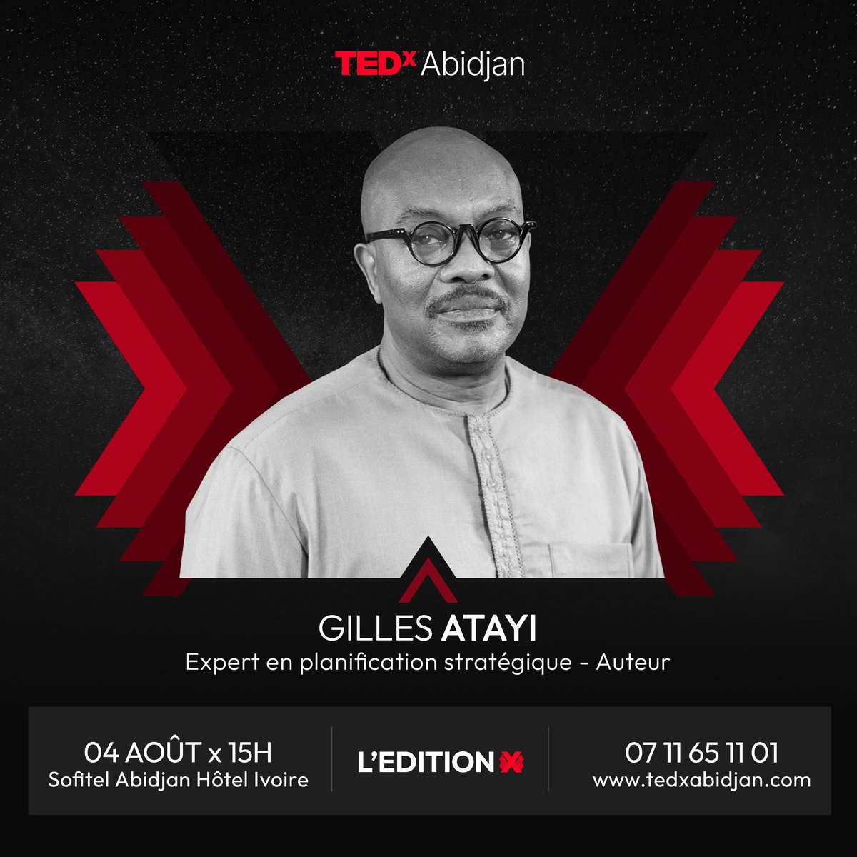 #Speaker7 : <a href="/GillesAtayi/">Gilles Atayi</a>
Chef d'entreprise, Expert en marketing, management et planification stratégique, Co-fondateur de l'initiative <a href="/AfriqConsciente/">Afrique Consciente</a>.

Vous pouvez dès à présent acheter vos billets en cliquant sur: bit.ly/LEditionX
#TEDxAbidjan #LEditionX #10ansdepartage