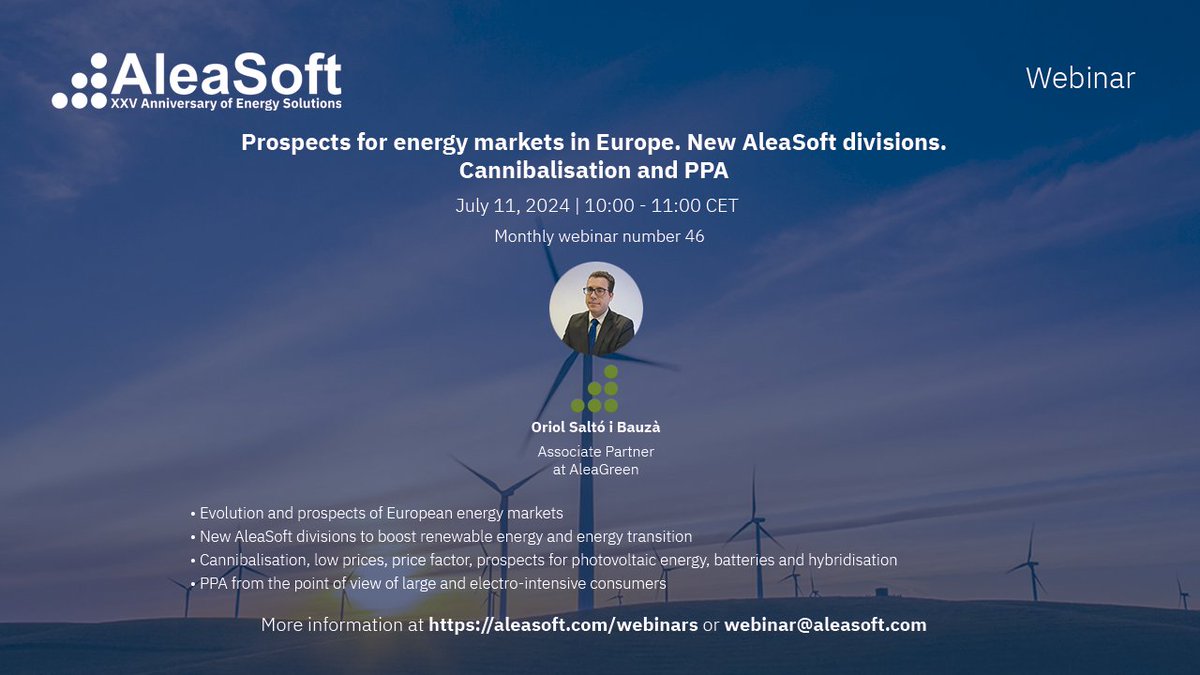 AleaSoft_EN's tweet photo. Today, July 11, we held the webinar on #EnergyMarkets, #cannibalisation, price factor of renewable technologies, prospects for #photovoltaic energy, #batteries and #hybridisation, and #PPA for #electrointensive consumers

https://t.co/iT6KVmBfjy https://t.co/fZqoOaYBYA
