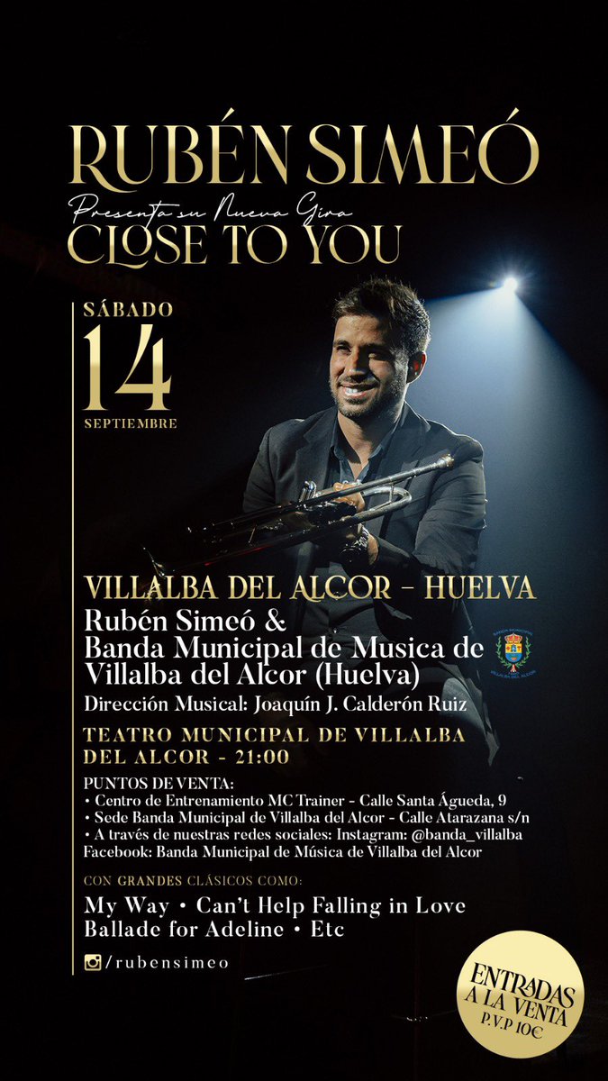 Banda_Villalba's tweet photo. CONCIERTO CON RUBÉN SIMEÓ!!!🤩🎺

Para nuestra formación es un placer comunicaros que el próximo 14 de septiembre tendremos el honor de tocar con uno de los trompetas más conocidos del mundo!!

El concierto está dentro de su Gira por España y que será el primero en Andalucía.🙌🏼 https://t.co/X1CvEJekOX