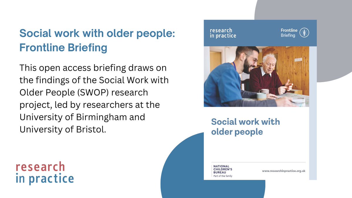 Research in Practice (@researchip) on Twitter photo How do social workers make a difference in the lives of older people, their carers and their families?
A new open access briefing shares key learning from <a href="/swopresearch/">@SWOPresearch</a>, the first large-scale research study on social work with older people in England. ow.ly/zG8V50SzqZL How do social workers make a difference in the lives of older people, their carers and their families?
A new open access briefing shares key learning from <a href="/swopresearch/">@SWOPresearch</a>, the first large-scale research study on social work with older people in England. ow.ly/zG8V50SzqZL