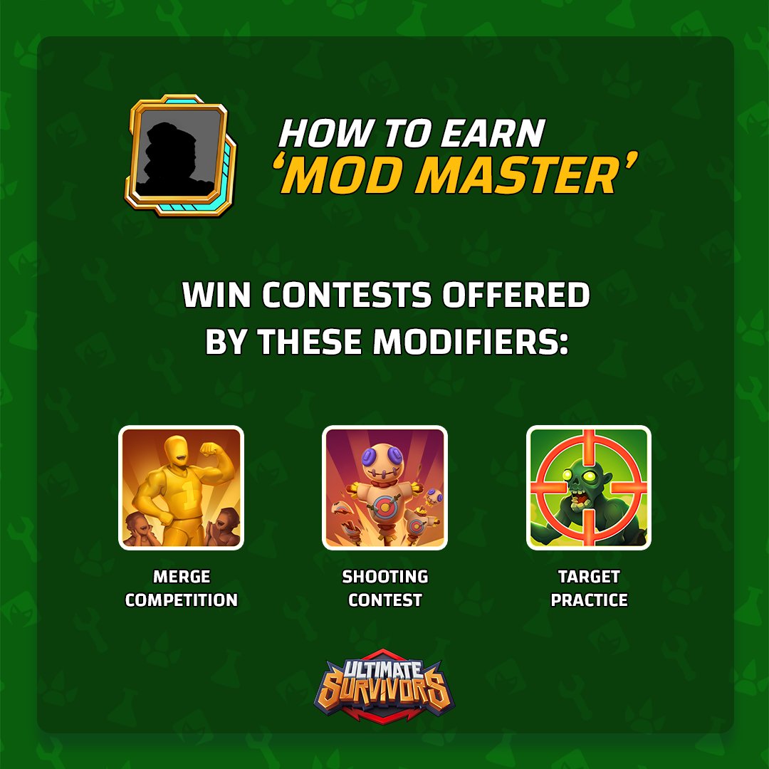 UltSurvivors's tweet photo. Here is a quick guide! To earn the Mod Master frame, defeat your opponent in any of these modifiers: 

👬 Merge Competition – first to complete 10 merges. 
🔫 Shooting Contest – first to destroy 10 minions. 
🎯 Target Practice – first to destroy 20 dummies.

Get your frame now! https://t.co/pF7B918rIA