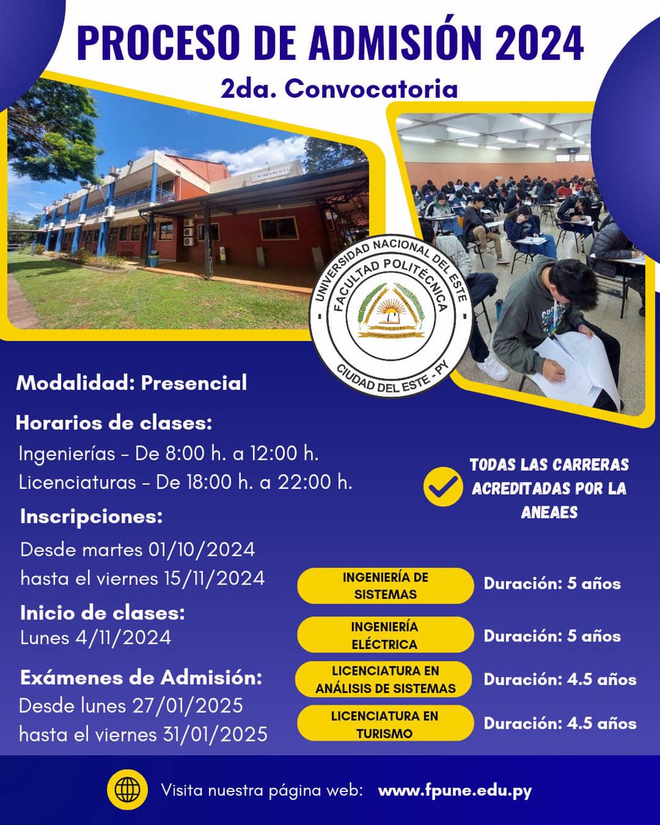 fpune's tweet photo. ¡Prepárate para el futuro con nosotros! 📷📷
La Facultad Politécnica UNE abre su 2da convocatoria para el Proceso de Admisión 2024. https://t.co/lEXZjdI0u0
