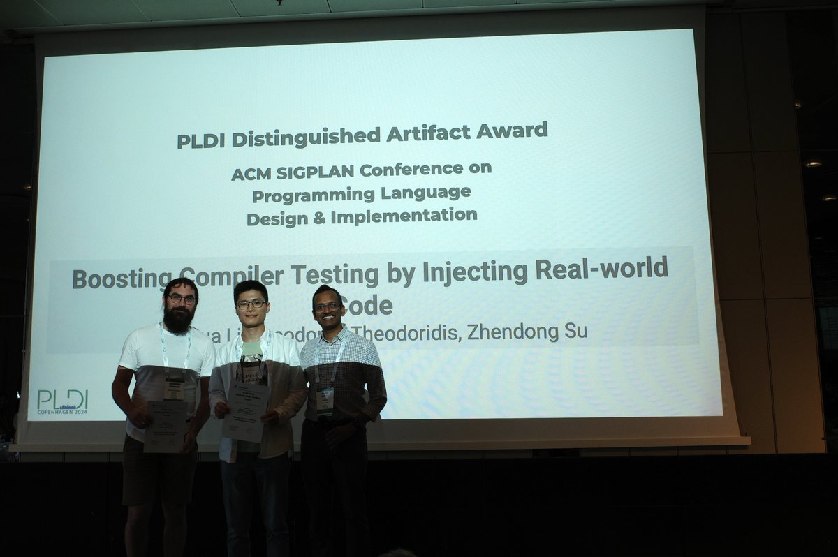 AST Lab ETH Zurich (@ast_eth) on Twitter photo Congratulations to our team members <a href="/shao_hua_li/">Shaohua Li</a>, <a href="/theodortheod/">Theodoros Theodoridis</a> & <a href="/zhendongsu/">Zhendong Su</a> on their Distinguished Artifact Award at #PLDI2024 for their work "Boosting Compiler Testing by Injecting Real-world Code". Well deserved!
Paper: shao-hua-li.github.io/assets/pdf/202…
Code: github.com/UniCodeSphere/… Congratulations to our team members <a href="/shao_hua_li/">Shaohua Li</a>, <a href="/theodortheod/">Theodoros Theodoridis</a> & <a href="/zhendongsu/">Zhendong Su</a> on their Distinguished Artifact Award at #PLDI2024 for their work "Boosting Compiler Testing by Injecting Real-world Code". Well deserved!
Paper: shao-hua-li.github.io/assets/pdf/202…
Code: github.com/UniCodeSphere/…