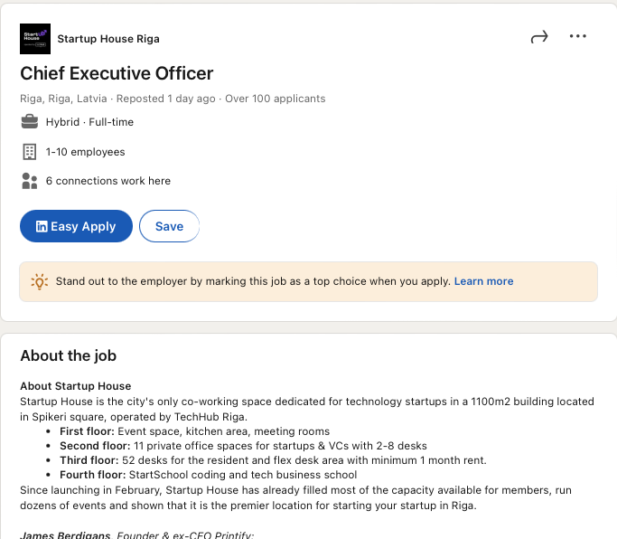 We are grateful to <a href="/egitapolanska/">Egita Poļanska</a> for stepping in to lead the very successful launch of <a href="/StartupHouse_LV/">Startup House Riga</a>, but now she is leaving and we are searching for a new CEO to take our organization to new heights. Please share this opportunity and apply here:
linkedin.com/jobs/view/3969…