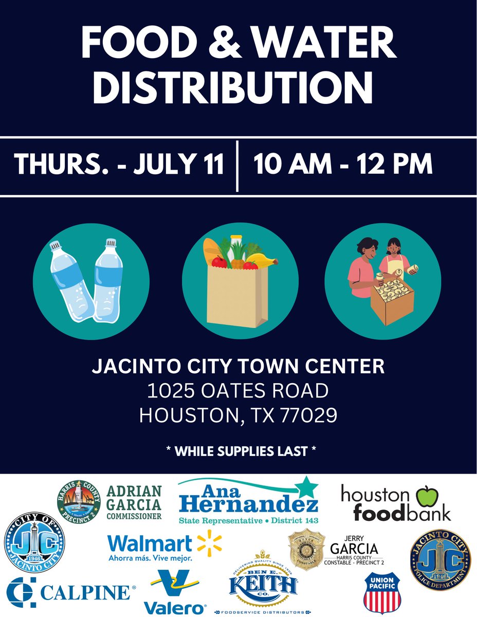 📢 Join us TODAY, July 11, for a food and water distribution event at Jacinto City Town Center! Please stay in your vehicles so that volunteers may place items in your trunk.

📆 Thursday, July 11
⏰️ 10:00 AM
📍 1025 Oates Road, Houston, Texas 77029