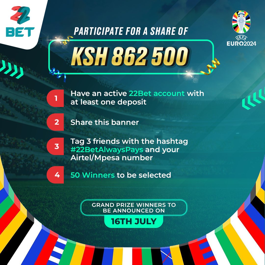 🚨Don’t miss out on the ongoing #EURO2024 #22Bet #GoalsMadness GRAND PRIZE JACKPOT 🎰🤑💰

50 lucky 🍀 winners to share from a prize pool of over 850,000 KES🔥

Usisahau kutag mabeste wako 3️⃣ watatu!!

If you don’t have a #22Betkenya account Signup here 👉🏾bit.ly/3XdkNV1