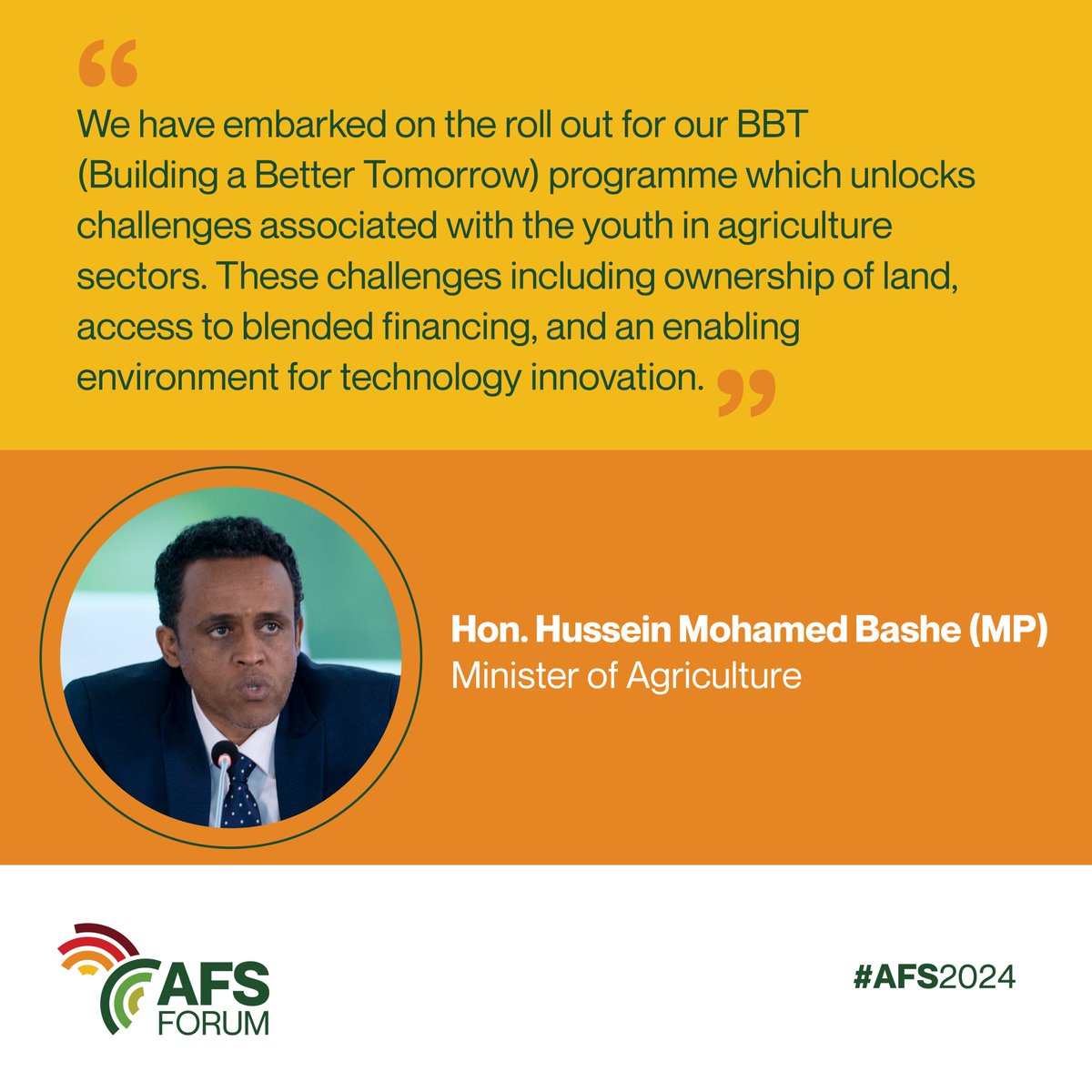 AFS Forum (@theagrf) on Twitter photo "We have embarked on the roll out for our BBT programme which unlocks challenges affecting the youth in ag sectors including ownership of land, access to blended finance, and an enabling environment for technology innovation." <a href="/HusseinBashe/">Hussein M Bashe</a>
#AFSForum2024 #TanzaniaFoodSystems "We have embarked on the roll out for our BBT programme which unlocks challenges affecting the youth in ag sectors including ownership of land, access to blended finance, and an enabling environment for technology innovation." <a href="/HusseinBashe/">Hussein M Bashe</a>
#AFSForum2024 #TanzaniaFoodSystems