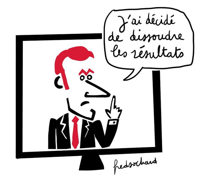 Dessin. Macron à la télé dit : J'ai décidé de dissoudre les résultats.