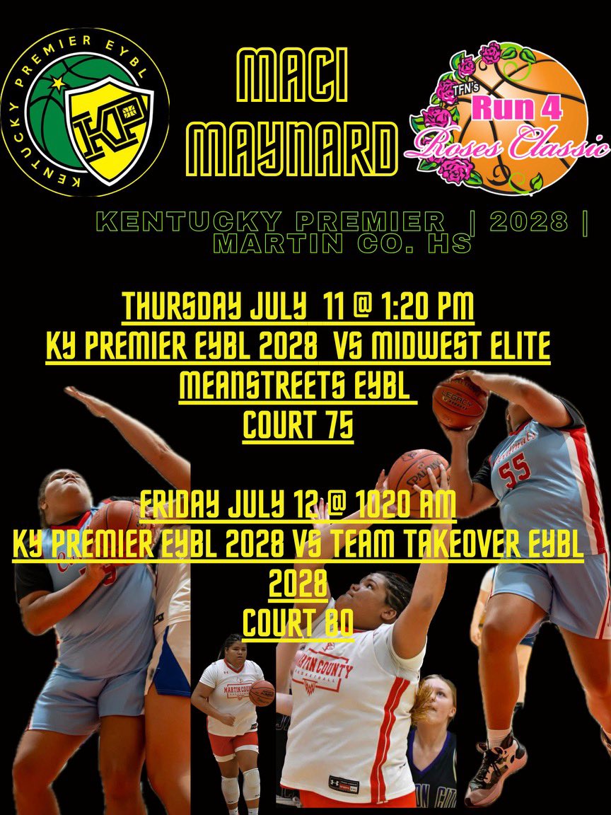 Maci Maynard (@maynard_maci55) on Twitter photo Come check out me and my team <a href="/TFNsRun4Roses/">TFN's Run 4 Roses</a> classic!!
<a href="/KentuckyPremier/">Kentucky Premier EYBL</a> @KYPremier2028 <a href="/MCLadyCardsBall/">MCHS Lady Cards Basketball</a> Come check out me and my team <a href="/TFNsRun4Roses/">TFN's Run 4 Roses</a> classic!!
<a href="/KentuckyPremier/">Kentucky Premier EYBL</a> @KYPremier2028 <a href="/MCLadyCardsBall/">MCHS Lady Cards Basketball</a>
