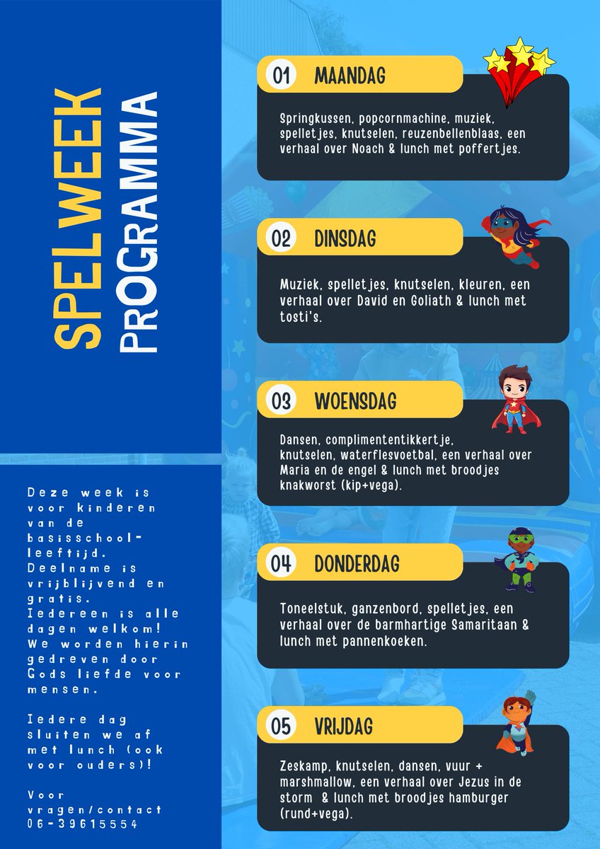 refajahkerk's tweet photo. SPELWEEK: JE BENT EEN SUPERHELD! 🦸‍♀️🦸
De Refajahkerk organiseert van maandag 22 t/m 26 juli van 10-12.30 uur een spelweek voor kinderen van de basisschoolleeftijd! Alle kinderen uit de buurt  zijn welkom om mee te doen. Kom je ook? Welkom! https://t.co/j0yF6NZXTz