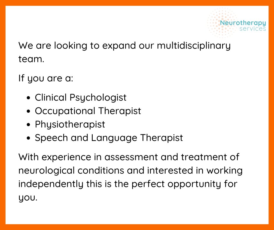 🌟📢 We're Hiring 📢🌟

🟠Clinical Psychologist
🟠Occupational Therapist
🟠Physiotherapist
🟠Speech and Language Therapist

Interested - send your CV to: info@neurotherapyservices.co.uk

#psychologist #occupationaltherapist #physiotherapist #speechandlanguagetherapist