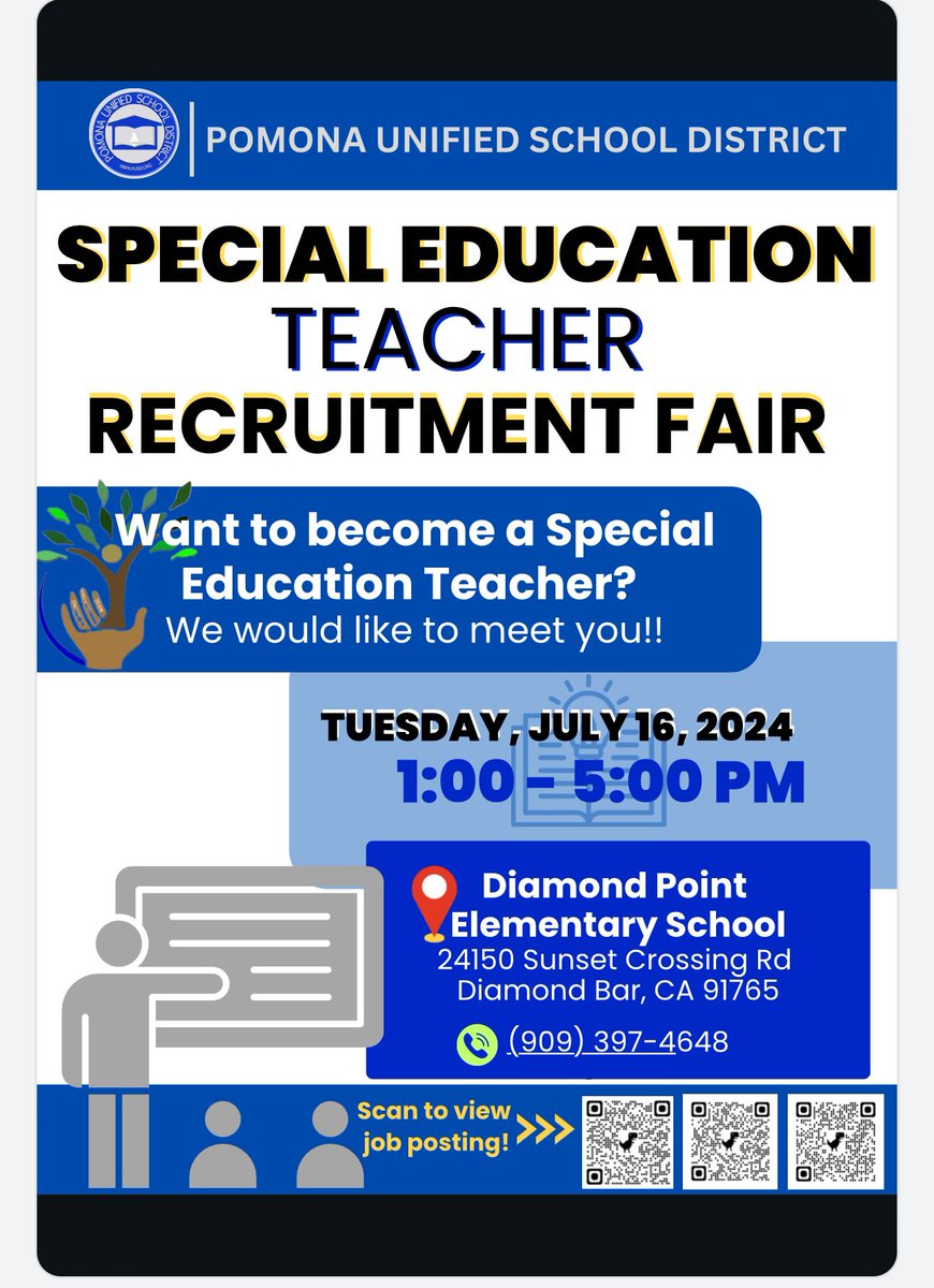 PomonaSELPA's tweet photo. Do you have a bachelor’s degree? Interested in teaching? We can help. Join us on July 16 at Diamond Point Elementary from 1:00pm-5:00pm. @PomonaUnified #studentsuccessisoursuccess https://t.co/eC2NYPWTBX