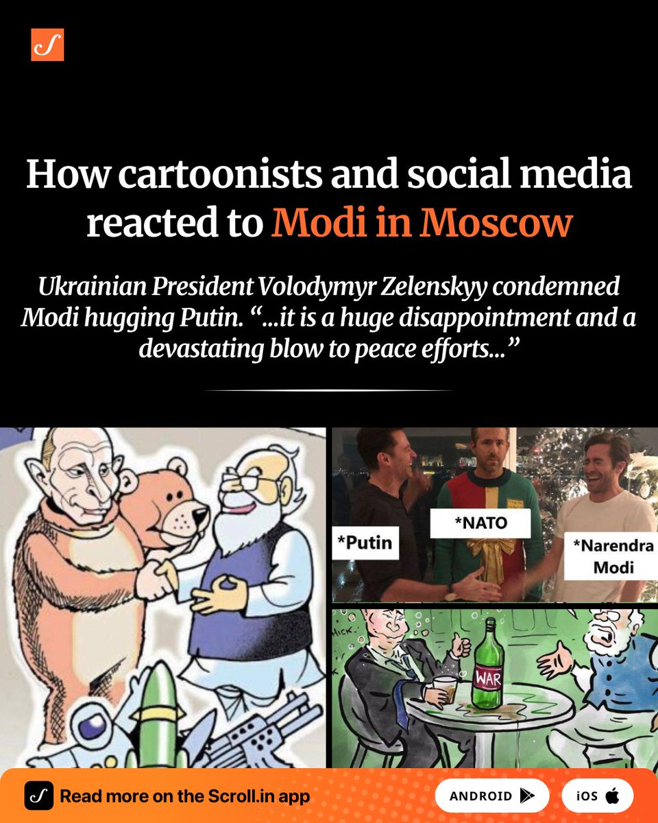 scroll_in's tweet photo. #ModiInMoscow | Modi’s visit and the photographs of him embracing Putin sparked satirical comments from some social media users and cartoonists.
Take a look: https://t.co/XMgEu8psxm https://t.co/4wExLrtUjM
