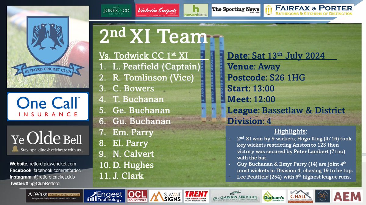 🏏 Retford 2ndXI v <a href="/TodwickCC/">Todwick Cricket Club</a>
📅 Saturday 13th July
⏰ 13:00 @ Away
🏆 <a href="/BDCL_official/">Bassetlaw & District Cricket League</a> Division 4 #Cricket #Selection #UpTheChoughs