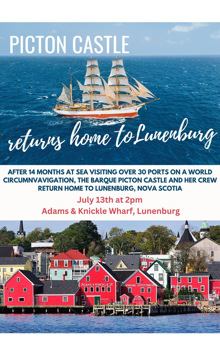 The  Picton Castle will arrive at the Adams &amp; Knickle Wharf at 2 pm on Saturday, July 13th. The Bluenose II Wharf and the Zwicker Wharf are great places to watch from! Hope to see you there. #lunenburg @barquepictoncastle #tallships