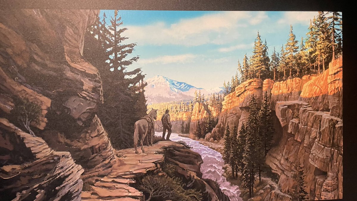 RDonlineNews's tweet photo. Some #RedDeadRedemption2  Concept Artwork that is currently in the National Museum Of Scotland

1. Illustration of the City of Saint Denis, Lemoyne
2. Concept Art from the mission 'Who the hell is Leviticus Cornwall'
3. Concept Art of John Marston traversing a Cliff-side trail within the Cumberland Forest
4. Concept Art of the Van der Linde Gang camp at Horseshoe Overlook in the Heartlands of New Hanover