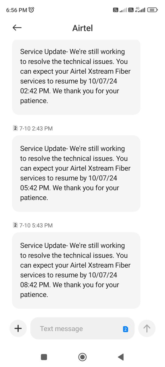annie_sofia_'s tweet photo. @airtelindia @Airtel_Presence Since 9th July evening till now still Airtel Xstream fiber not working in Bangalore ,only getting messages but no solution, reaching out to customer care also good for nothing. Any solution for this? https://t.co/XbWylvnMb6