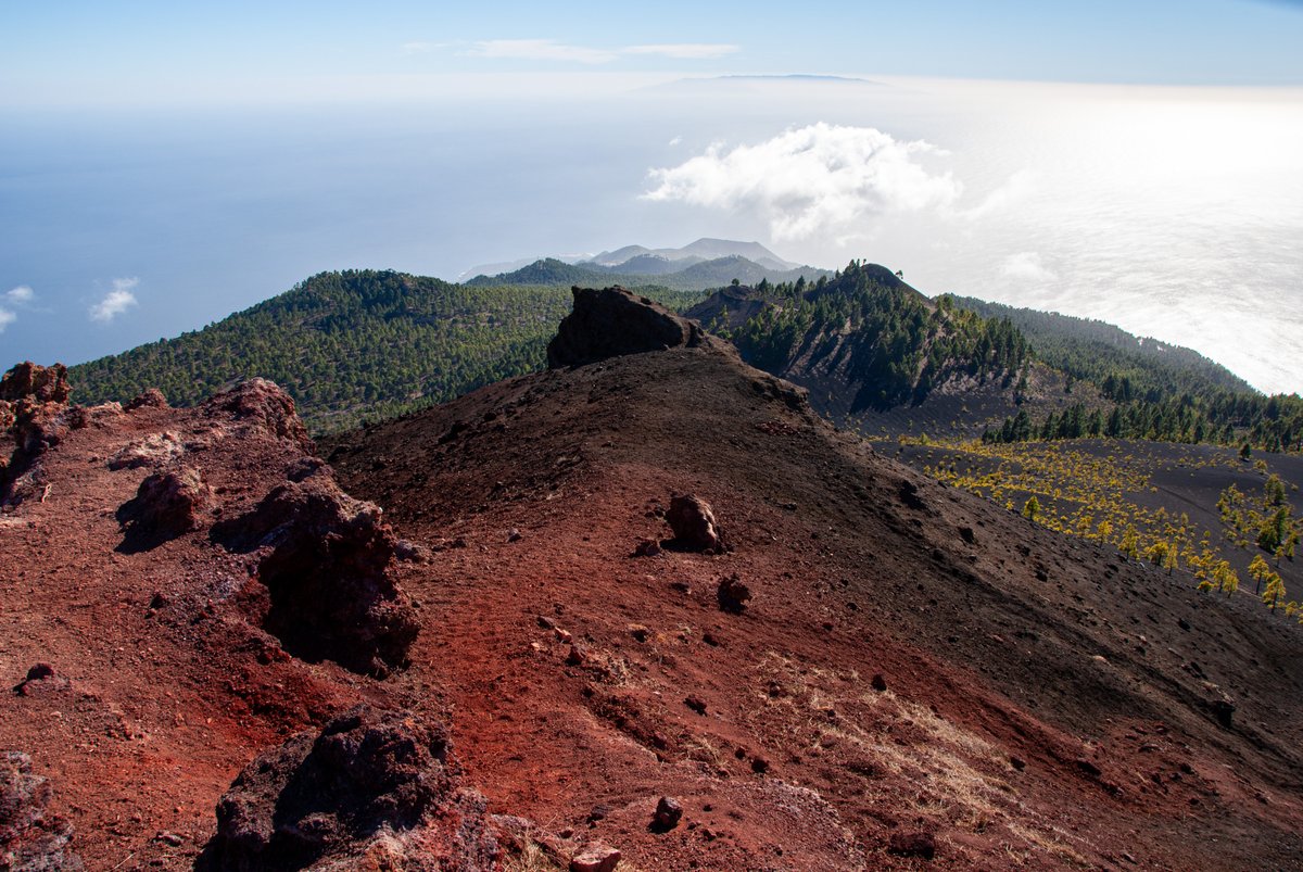 GeologistsCat's tweet image. Today is #VolcanoThursday &amp;amp; I show you a picture taking during #hedgewatch/#hike on the island #LaPalma. View is to the S along the volcanic #CumbreVieja ridge. Each peak is a #volcano. On the horizon you see the #island #ElHierro😻

#CanaryIslands #geologywithcats #geology