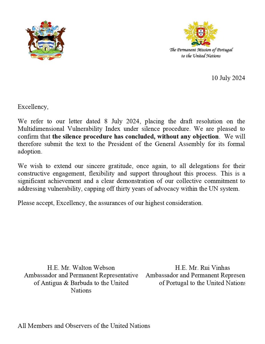 Portugal at the UN (@portugal_un) on Twitter photo 3️⃣0️⃣ years after the Barbados Programme of Action called for the development of vulnerability indices, #UNGA is ready to adopt soon the Multidimensional Vulnerability Index.
Portugal was proud to cofacilitate the #MVI Resolution negotiations with <a href="/ABNYOffice/">Antigua & Barbuda NY</a>.
<a href="/UNDESA/">UN DESA</a> <a href="/UNOHRLLS/">UN-OHRLLS</a> 3️⃣0️⃣ years after the Barbados Programme of Action called for the development of vulnerability indices, #UNGA is ready to adopt soon the Multidimensional Vulnerability Index.
Portugal was proud to cofacilitate the #MVI Resolution negotiations with <a href="/ABNYOffice/">Antigua & Barbuda NY</a>.
<a href="/UNDESA/">UN DESA</a> <a href="/UNOHRLLS/">UN-OHRLLS</a>