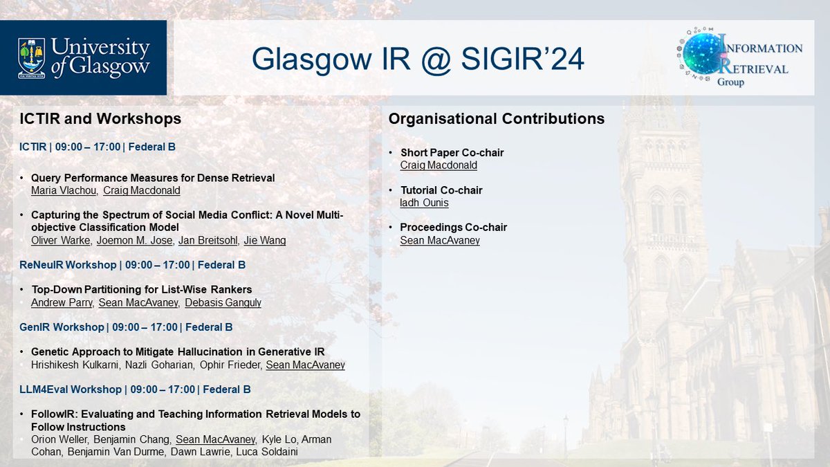 A large contingent of our staff and students at <a href="/GlasgowCS/">UofG Computing Science</a> are currently heading to #sigir2024! Do check out the papers and activities we are involved in.

Come say hello, and chat about what we are doing in Glasgow. We are also hiring!