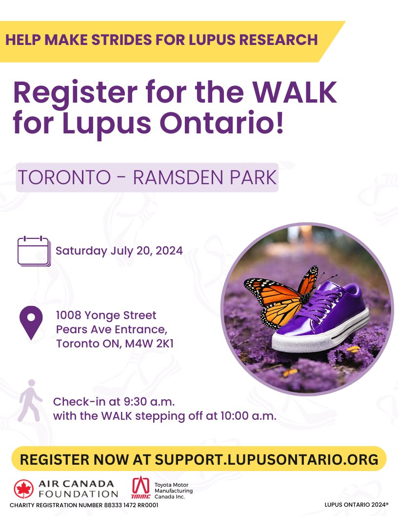 The WALK for TORONTO is taking place on SATURDAY , JULY 20th at Ramsden Park👣

Register for the WALK by heading over to support.lupusontario.org

It's not too late to register!

Let’s work together to conquer lupus! 💜

#WALK4LupusOntario