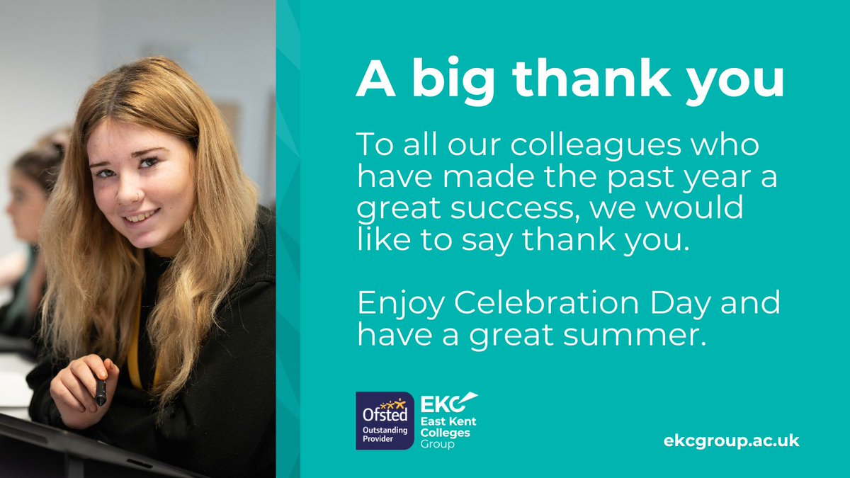 EKC__Group's tweet photo. It's been another Outstanding Academic Year, and this Celebration Day, we'd like to say thank you to all our colleagues from across the Group.

Enjoy your day at @canterburycoll, and we look forward to the start of another fantastic, exciting and inspirational year in September. https://t.co/HhtZvx6MaM