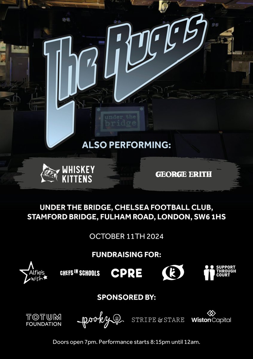 A night you won't want to miss! Join us for an evening of live music as we bring you The Ruggs at Under the Bridge this October. All proceeds go to <a href="/alfies_wish/">Alfie’s Wish</a> <a href="/ChefsinSchools/">ChefsinSchools</a> <a href="/CPRE/">CPRE The countryside charity</a> <a href="/SupportSENDKids/">Support SEND Kids</a> <a href="/SupportTCourt/">Support Through Court</a> - grab your tickets today! rb.gy/4qeqip #charityevent