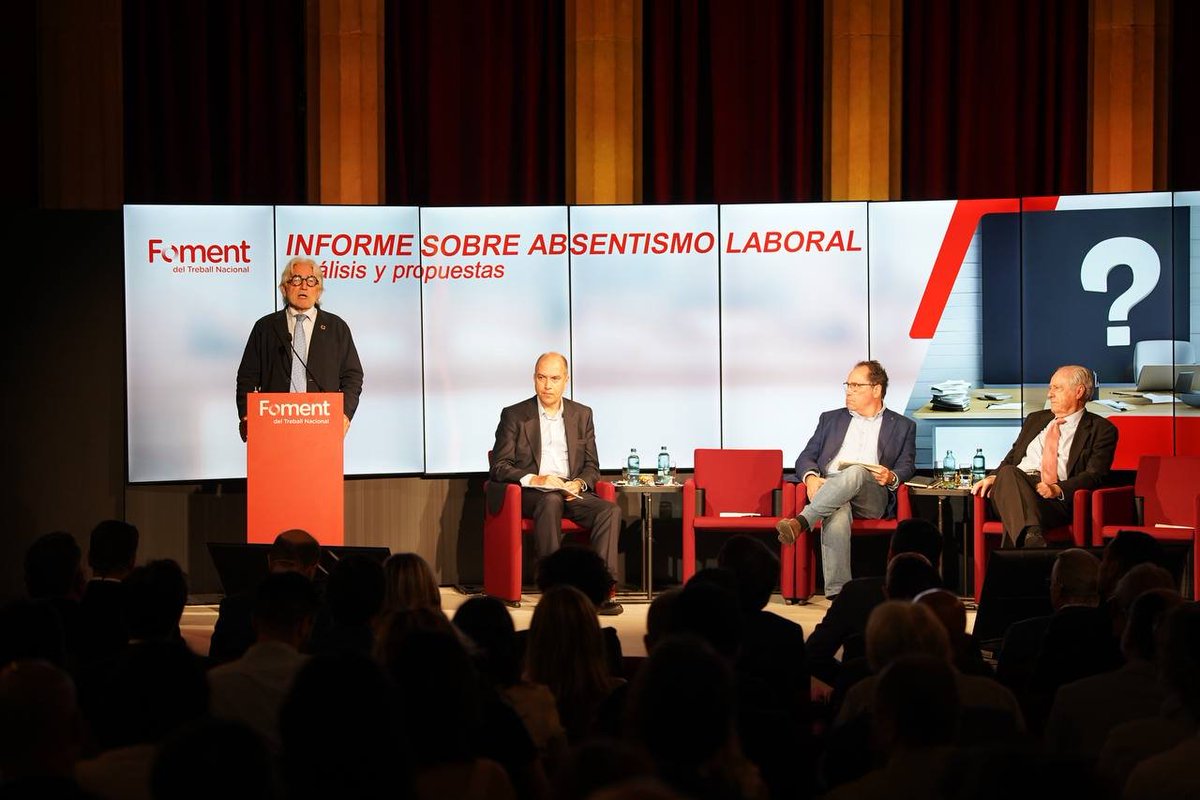 FomentTreball's tweet photo. ⚠️ L’absentisme laboral té un cost de 37.000 milions d’euros, un 3,1% del PIB espanyol:

📲 https://t.co/UZzQu2ZYyV

Un informe de Foment del Treball, presentat avui a la seu de la patronal i que pots descarregar a la nota de premsa adjunta,  assenyala que 1,5 milions de treballadors falten cada dia a la feina.

🤝 Agraïm la seva participació a la jornada a: Santiago Soler, secretari general de @AdeccogroupEs; @evbonet, secretari de Treball del Departament d’Empresa i Treball de @gencat; Fernando Casado,  president de l’Asociación de Mutuas de Accidentes de Trabajo (AMAT); Jordi García Viña, Catedràtic de Dret del Treball i de la SS de la @UniBarcelona; 

Joan Piñol, director general de la @saludypersona; David Garriga, soci fundador de Grupo SIRT; Daniel Turró, CEO de @grupogeseme; Oscar Riu, Clara Pareja i Lidia Domingo de @gencat; Concha Pascual, directora Territorial de la Inspecció de Treball i Seguretat Social en Catalunya; Pedro Pablo Sanz,  director gerent de AMAT.