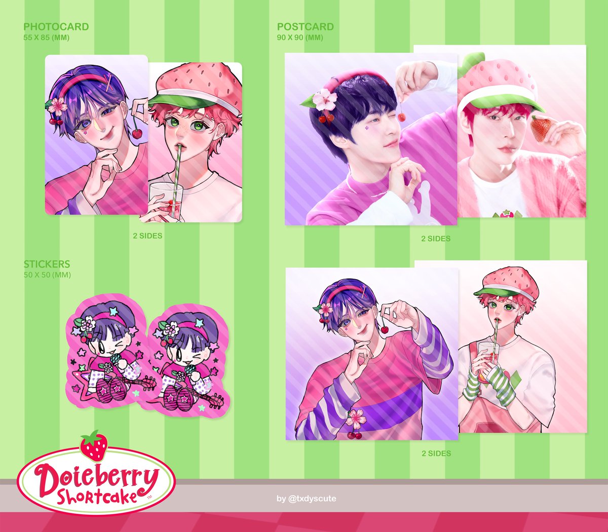 Welcome to Berry Bitty World
🍓🍊🍋 🍇🫐🍒

Doieberry Shortcake Cafe Menu🧾
🍰square postcard
˖ ݁ 2 types - 1pc / type
🥣photocard - 1pc
🧁stickers - 2pcs
— 💌 100 sets / day

Open hours🌟
🌷24 Aug - 25 Aug (🕒tba) 
🧃UOB live hall

#DOYOUNG_Dear_Youth_BANGKOK