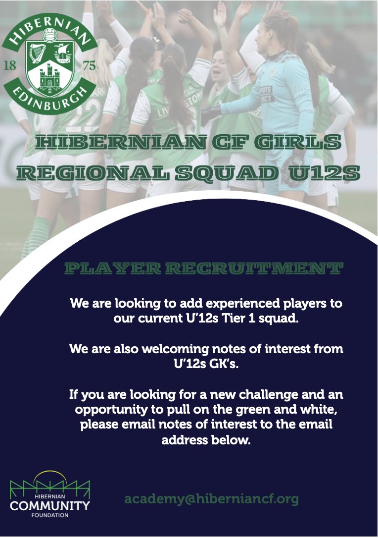 Player Recruitment  | U’12s Regional 

We are recruiting players born in 2012/13 to add to add to our current U’12s squads. 

Interested in a new challenge in green and white? 💚⚽️

Please email academy@hiberniancf.org