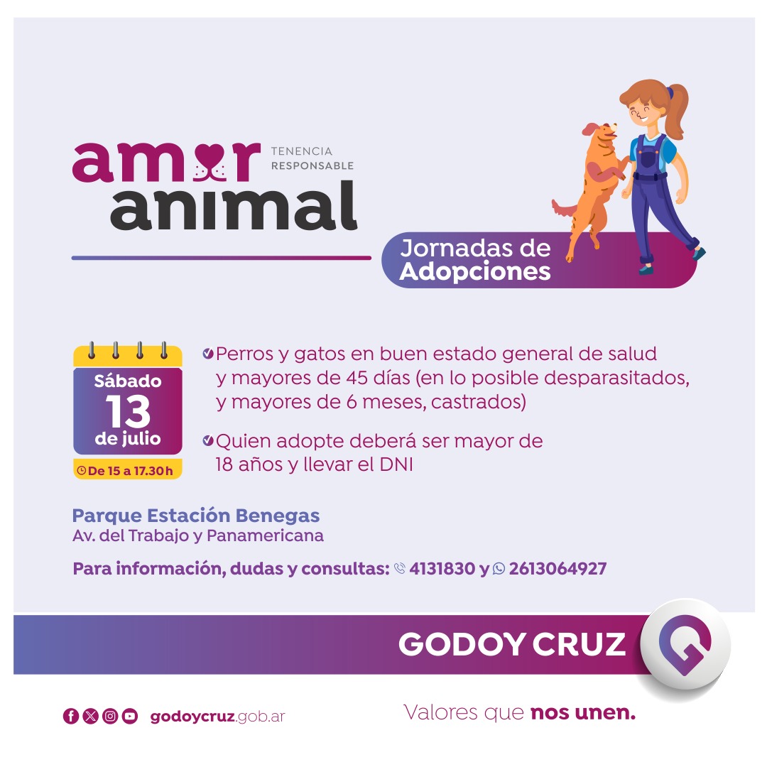 Te invitamos a ser parte del programa “Adoptá un Amigo” 🐶 

Este sábado 13/7, en el Parque Estación Benegas, de 15 a 17 hs., se realizará esta importante actividad que promueve la adopción de los animales rescatados de las calles. ¡Te esperamos! 👋🏼
