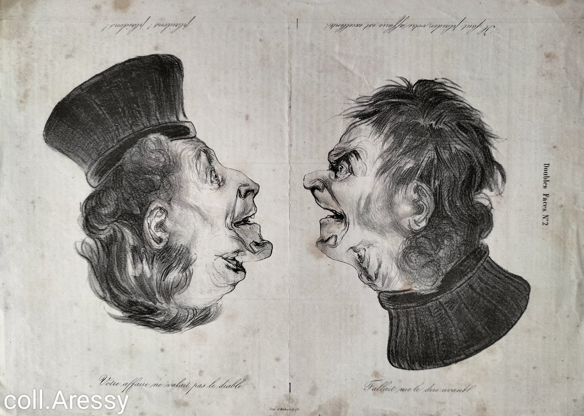 😍 Trouvé en rangeant des papiers de famille, cette feuille du Charivari, août 1838
😀 ☹️ Doubles Faces n° 2
- Il faut plaider, votre affaire est excellente.
- Plaidons ! Plaidons !
----
- Votre affaire ne valait pas le diable.
- Fallait me le dire avant !